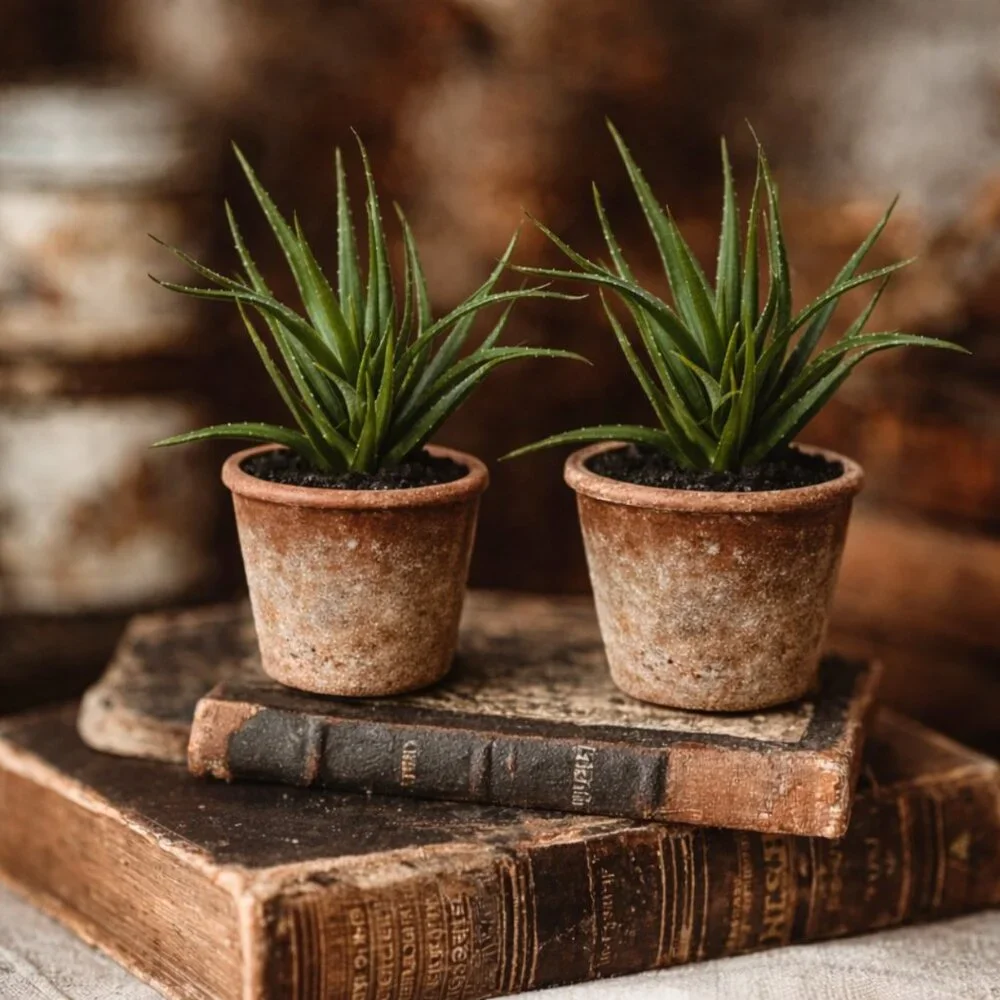 Set of 2  Faux Lifelike Aloe Plant In Rustic Terracotta Pot Planter